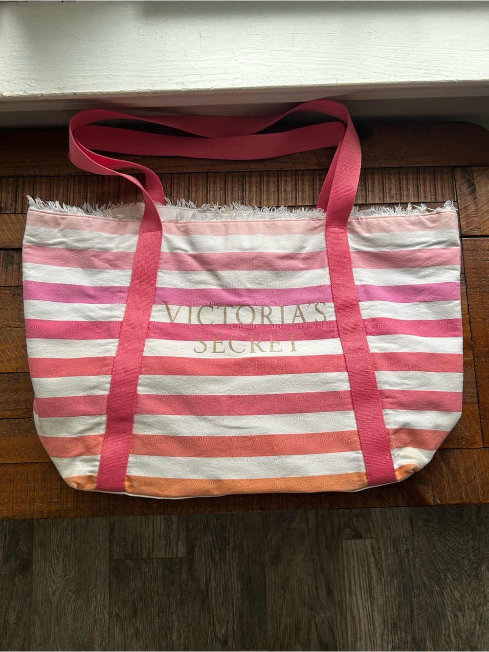 Victoria's Secret Pink, White & Orange Striped Canvas Tote